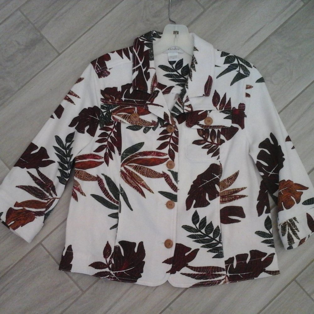 TanJay Petite White Leaf Print 3/4 Sleeve Cotton Pique Jacket. Size 8P  (11)